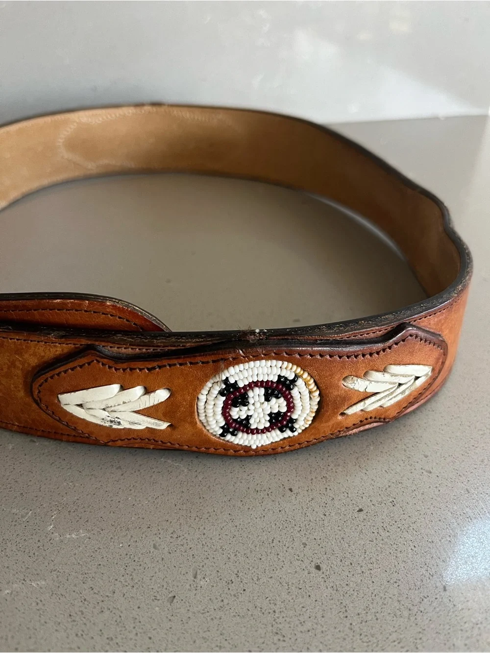 Wright Floral Tooled Leather Belt Beaded Inlay Patches Leather Stitching Men 34